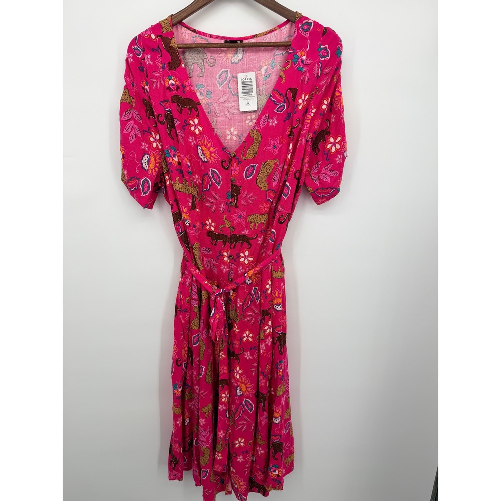 Torrid Midi Rayon Slub Button Front Tie Dress Women 3X Pink Leopard NEW